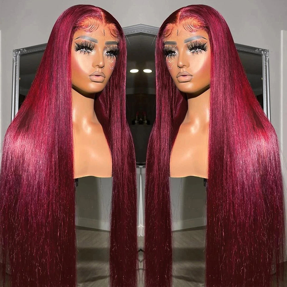 M Hair 220% Density 99J# Burgundy Color Wig Straight 13x4 Transparent Lace Full Frontal Wig