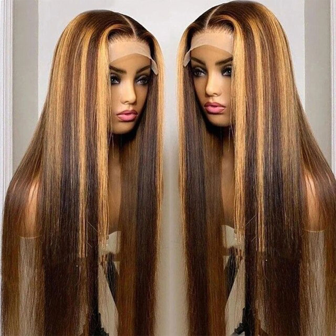 M Hair 220% Density P4/27# Highlight Ombre Piano Color Wig Straight 13x4 Transparent Lace Full Frontal Wig