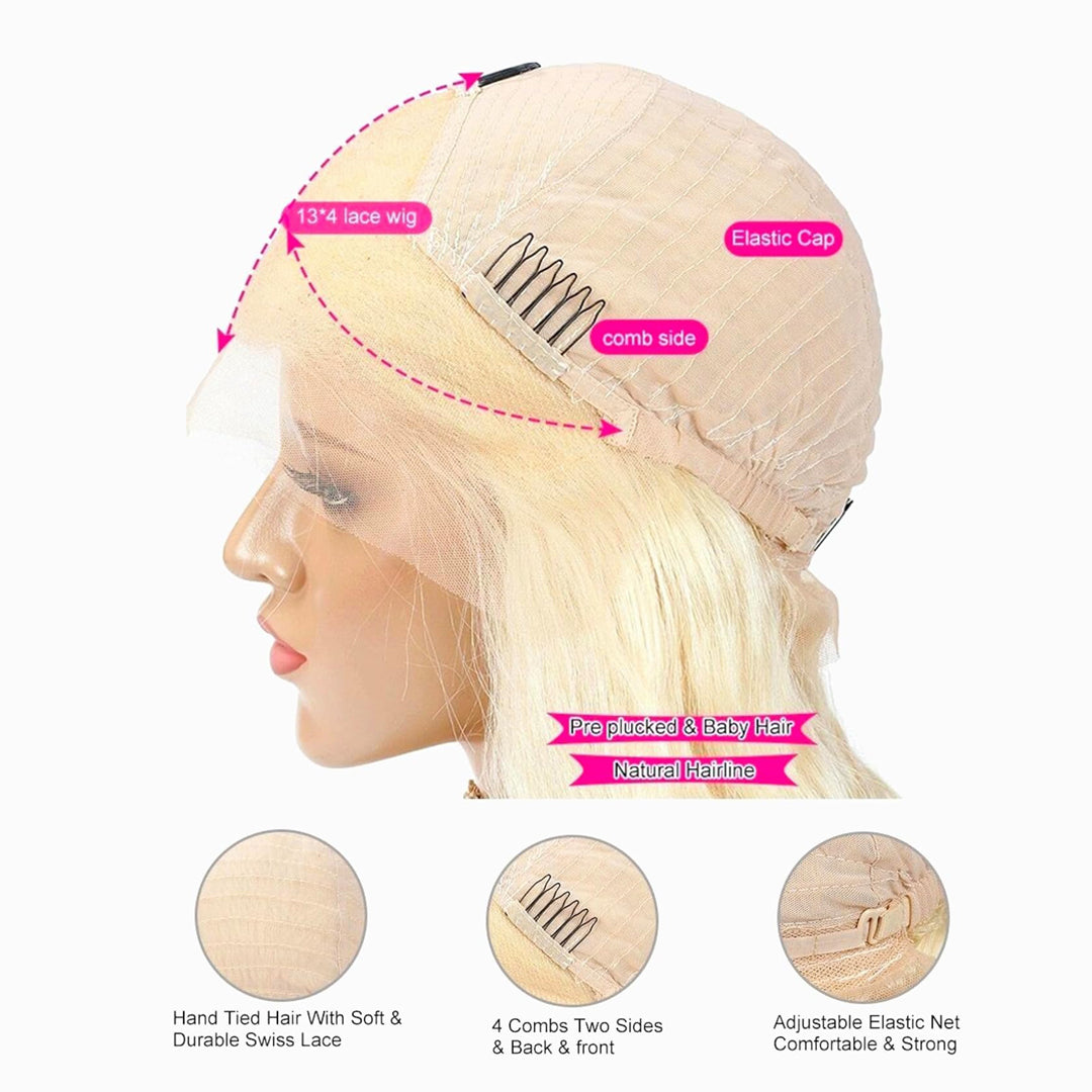M Hair 220% Density 613# Blonde Wig Silky Body Wave 13x4 HD / Transparent Lace Full Frontal Wig 100% Human Hair