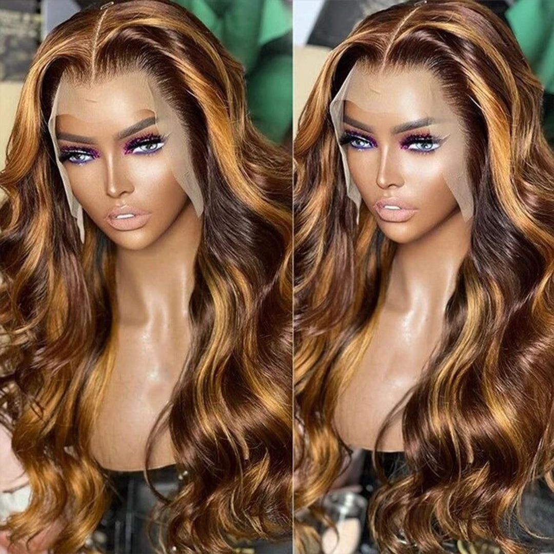 M Hair 220% Density P4/27# Highlight Ombre Piano Color Wig Body Wave 13x4 Transparent Lace Full Frontal Wig