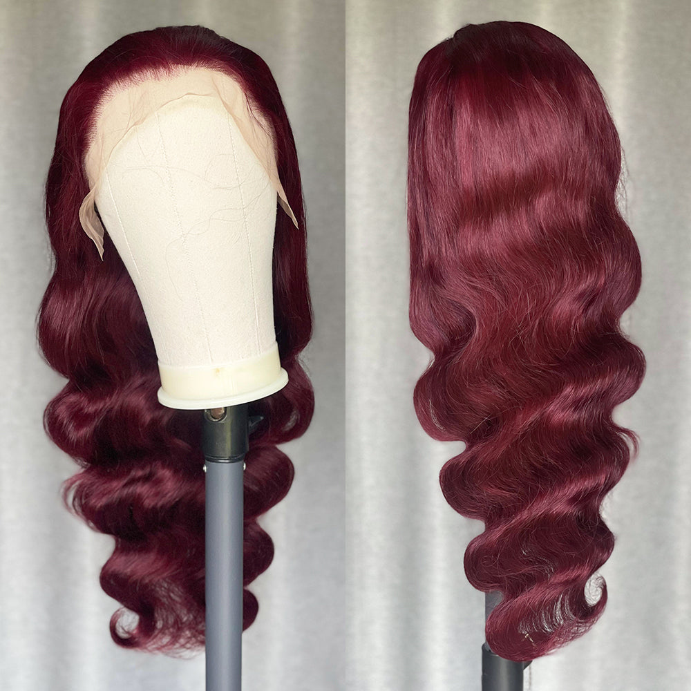 M Hair 200% Density 99J# Burgundy Color Wig Body Wave 13x4 Transparent Lace Full Frontal Wig