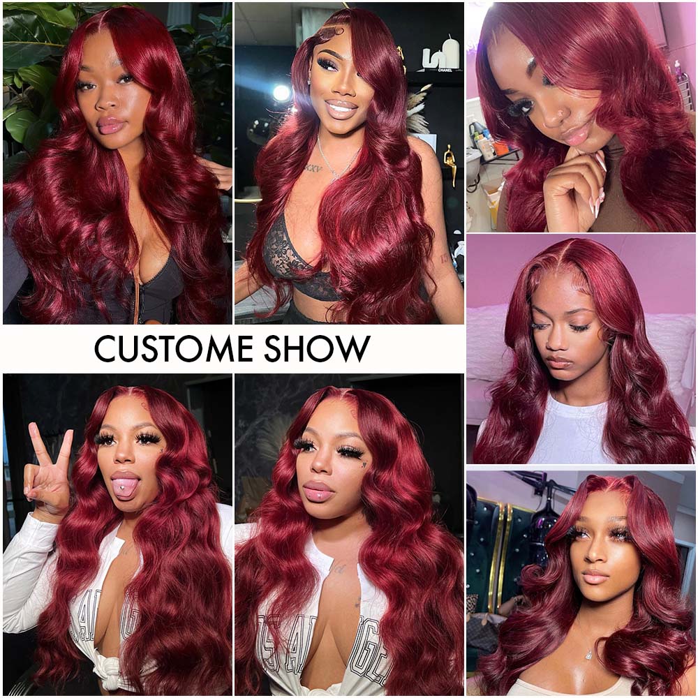 M Hair 200% Density 99J# Burgundy Color Wig Body Wave 13x4 Transparent Lace Full Frontal Wig