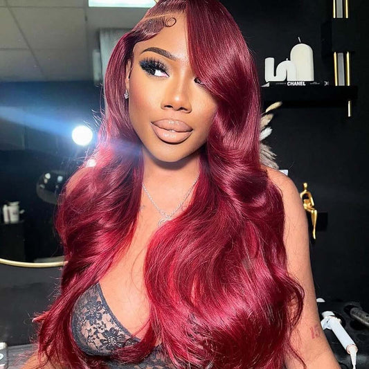 M Hair 200% Density 99J# Burgundy Color Wig Body Wave 13x4 Transparent Lace Full Frontal Wig