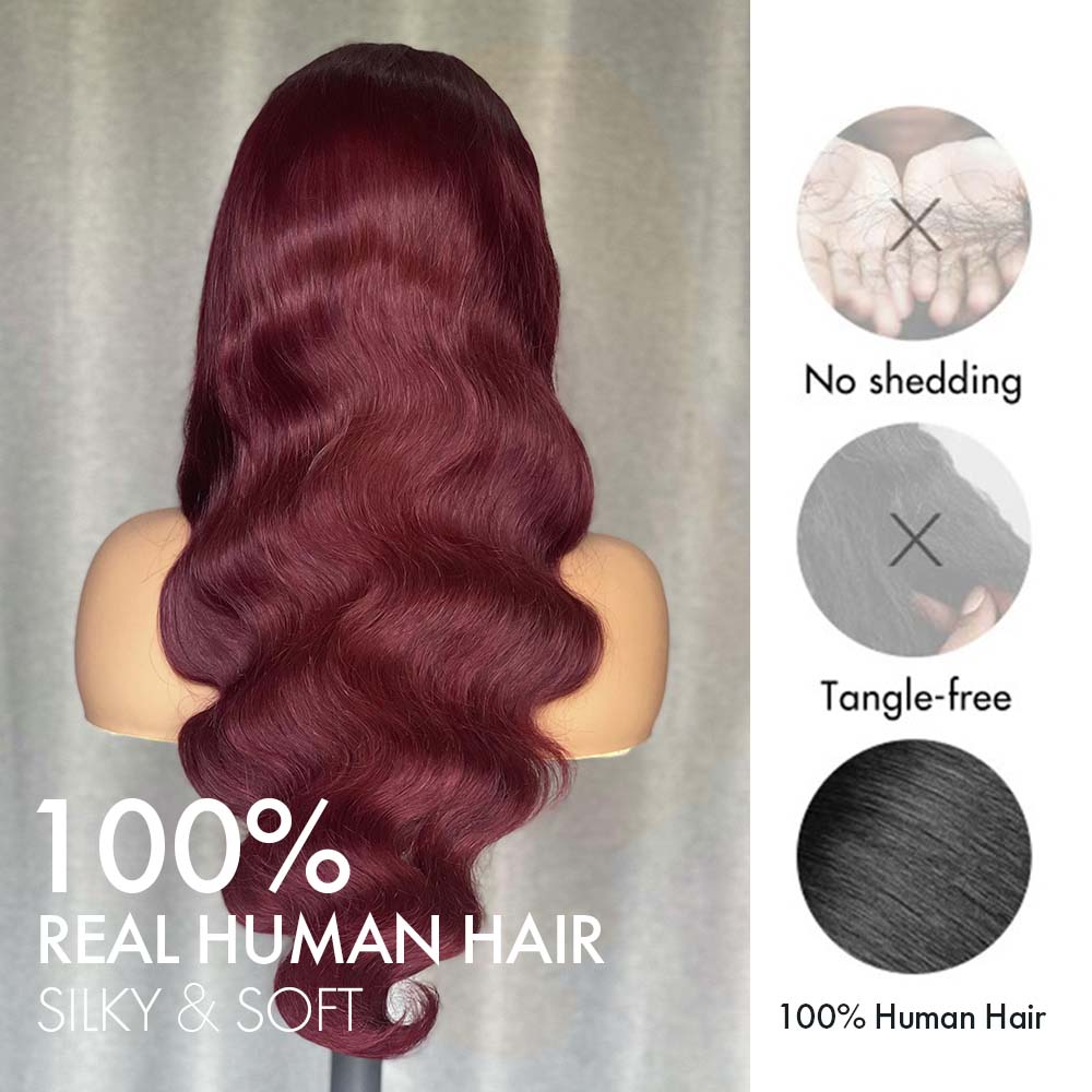 M Hair 200% Density 99J# Burgundy Color Wig Body Wave 13x4 Transparent Lace Full Frontal Wig